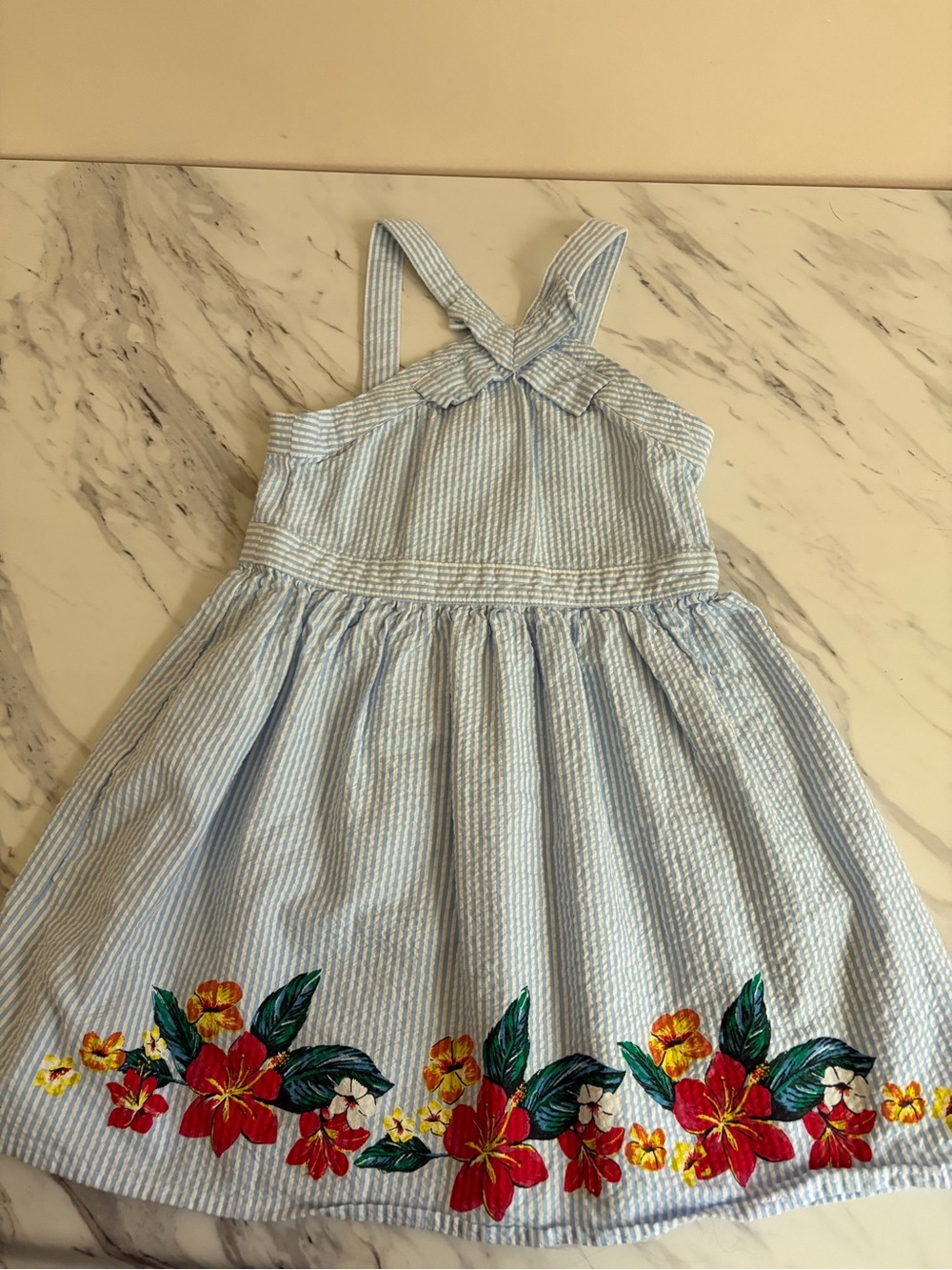 Nautica Light Blue Seersucker Dress with Red Floral Hem